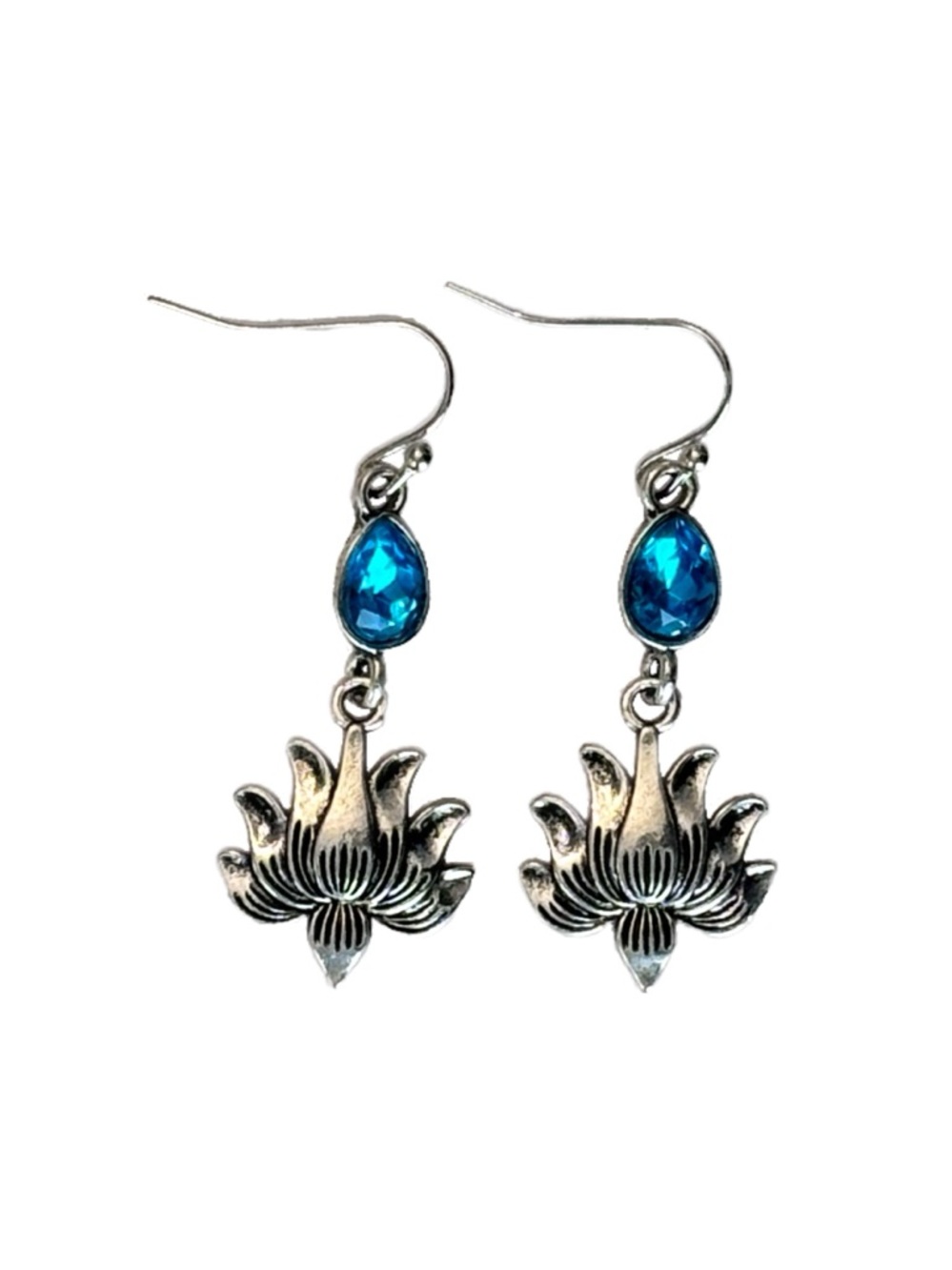 Silver Lotus Drop Earrings with Blue Teardrop